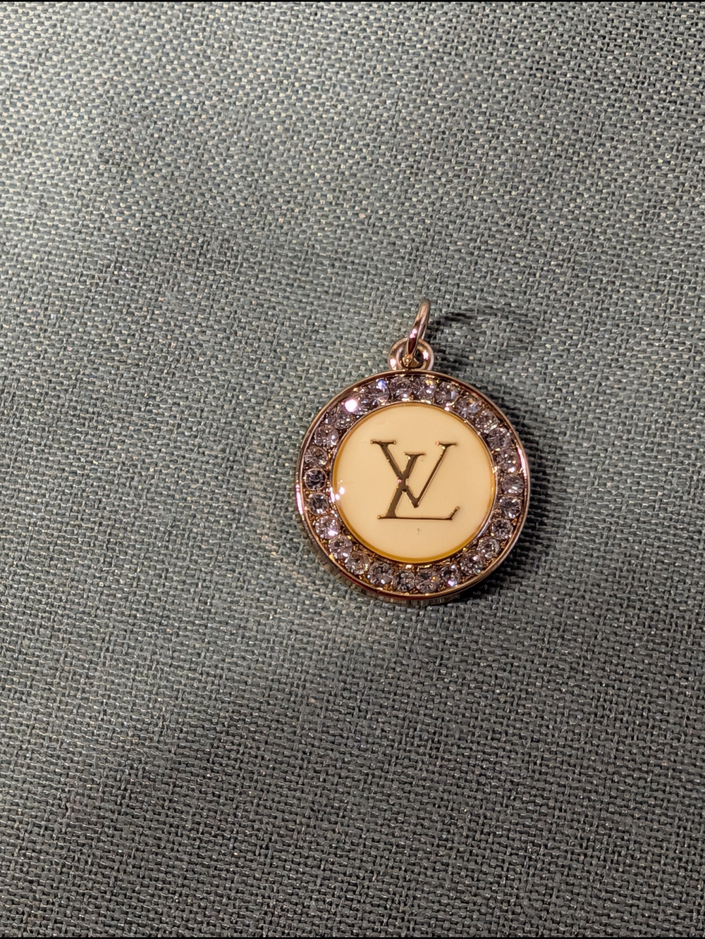 Cream and Gold Round LV Logo Pendant Necklace with Crystal Halo